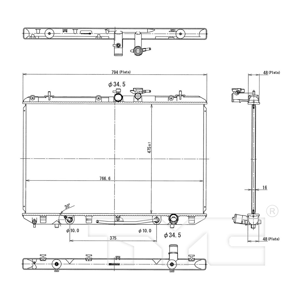 TOYOTA HIGHLANDER RADIATOR 3.5/V6 (7/8" CORE) (WO/TOW PKG) OEM#1604131540 2008-2013 PL#TO3010319