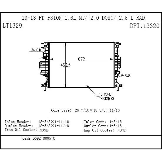 LINCOLN MKZ HYBRID RADIATOR (WO/HEATER RETURN) OEM#DG9Z8005H 2017-2020 PL#FO3010317