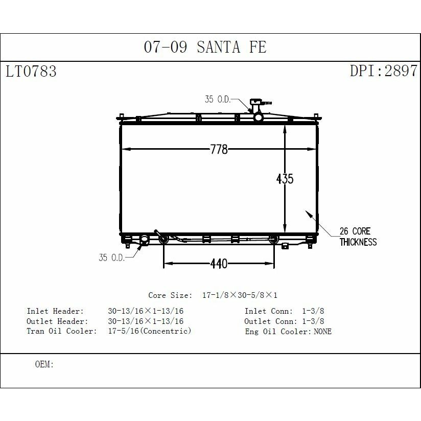 HYUNDAI SANTA FE RADIATOR 2.7L/3.3L W/TOC OEM#253100W100 2007-2009 PL#HY3010157
