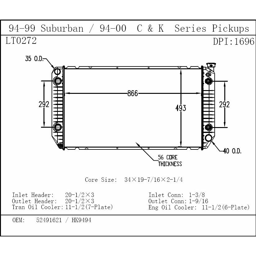 GM TRUCKS & VANS C10/PU (CK MODEL) RADIATOR (W/ECO & TOC)(5.7L/7.4L)(34x19)(SHORT NECK) OEM#52491621 1994-2000 PL#GM3010242