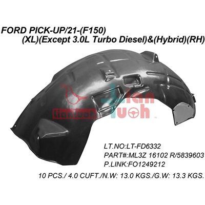 FORD TRUCKS & VANS FORD/PU F150 FENDER LINER RIGHT (Passenger Side) (XL)(GAS) OEM#ML3Z16102R 2021-2024 PL#FO1249212