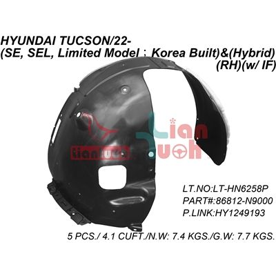 HYUNDAI TUCSON FENDER LINER RIGHT (Passenger Side) (KOREA) **CAPA** OEM#86812N9000 2022-2024 PL#HY1249193C