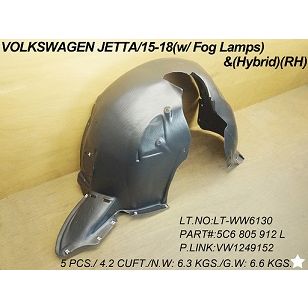 VOLKSWAGEN JETTA HYBRID FENDER LINER RIGHT (Passenger Side)(PE/VACUUM FORM) OEM#5C6805912L-PFM 2015-2016 PL#VW1249152